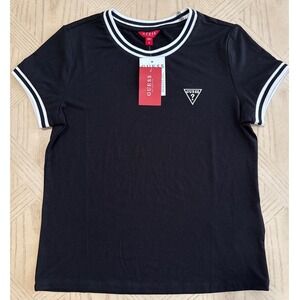 NWT GUESS‎ Women's Black Freddie Ringer Crew Baby Tee Embroidered Logo T-Shirt S